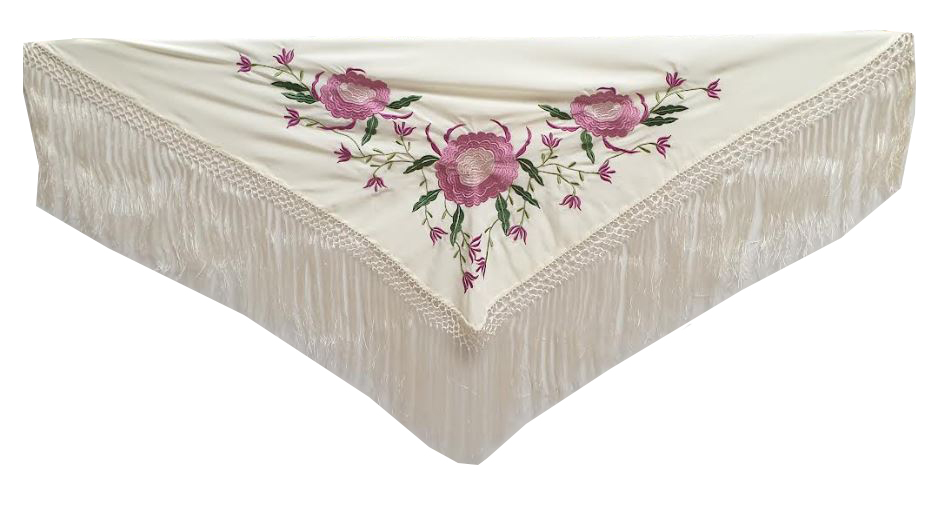 Ivory Embroidered Small Shawl with 3 Large Fuchsia Roses